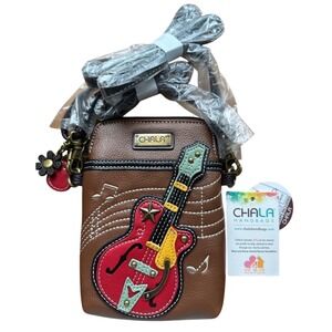 Chala Guitar Cell Phone Crossbody Bag Women Small Brown Vegan Leather Music NWT